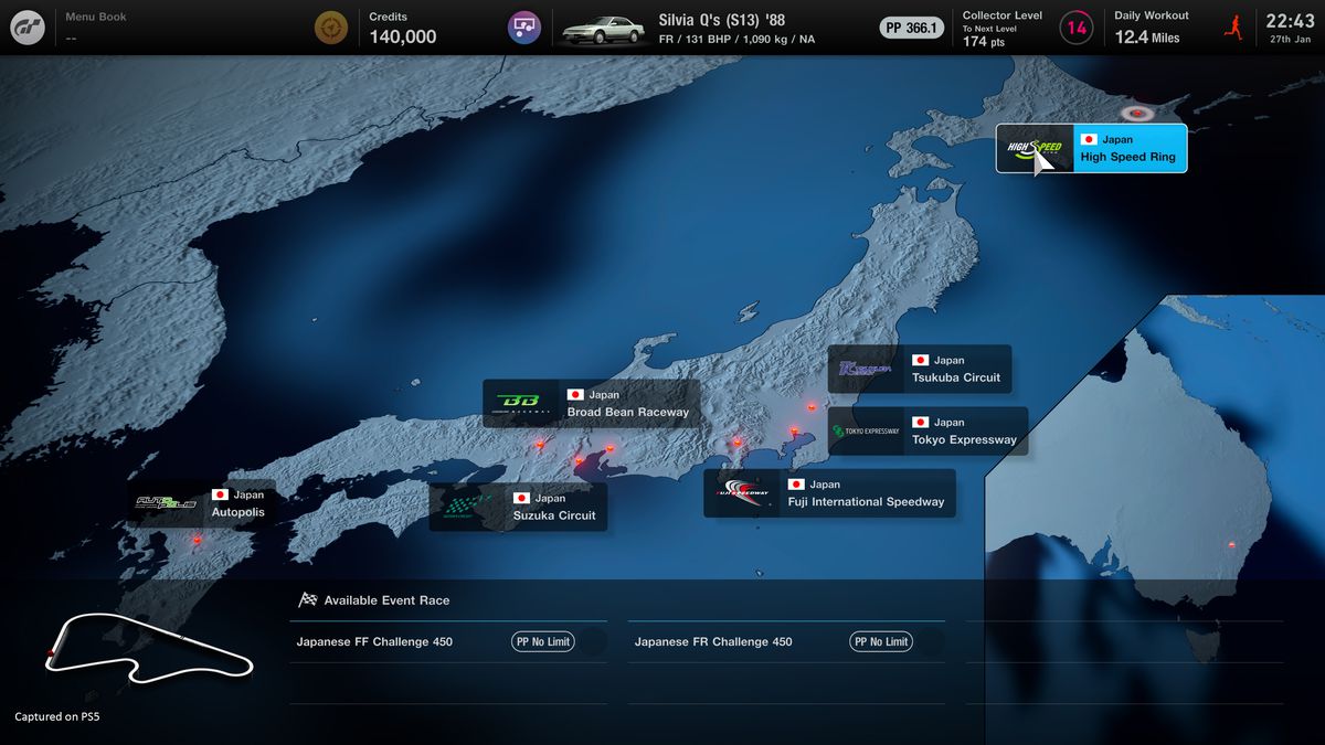 Mapa mundial de GT7 que muestra Japón y los campos disponibles allí