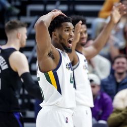 Utah Jazz guard Donovan Mitchell (45) reacts to a call during the game against the LA Clippers at Vivint Arena in Salt Lake City on Wednesday, Dec. 15, 2021.