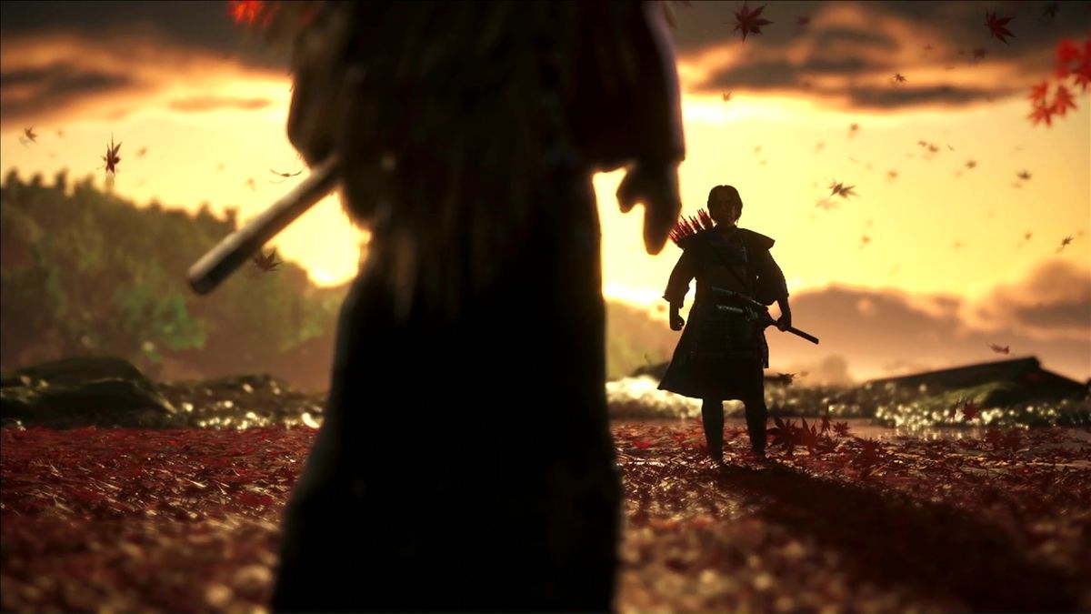 Ghost of Tsushima - two samurai facing each other across a bed of red leaves