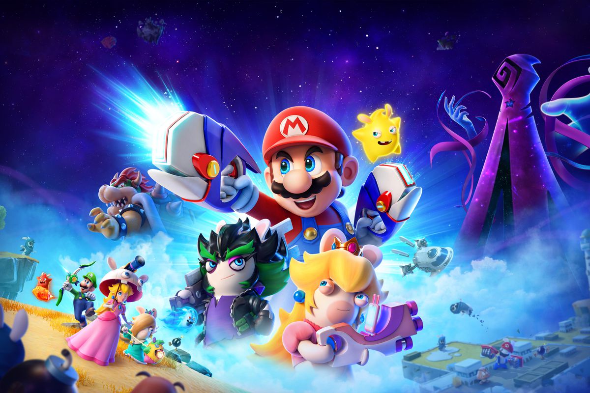 Mario, Peach, Luigi, Bowser, and Rabbids stand in a group in key art for Mario + Rabbids Sparks of Hope.
