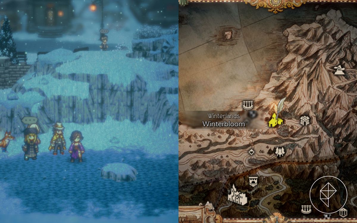 A woman stands in front of an empty snowy rock in Octopath Traveler 2