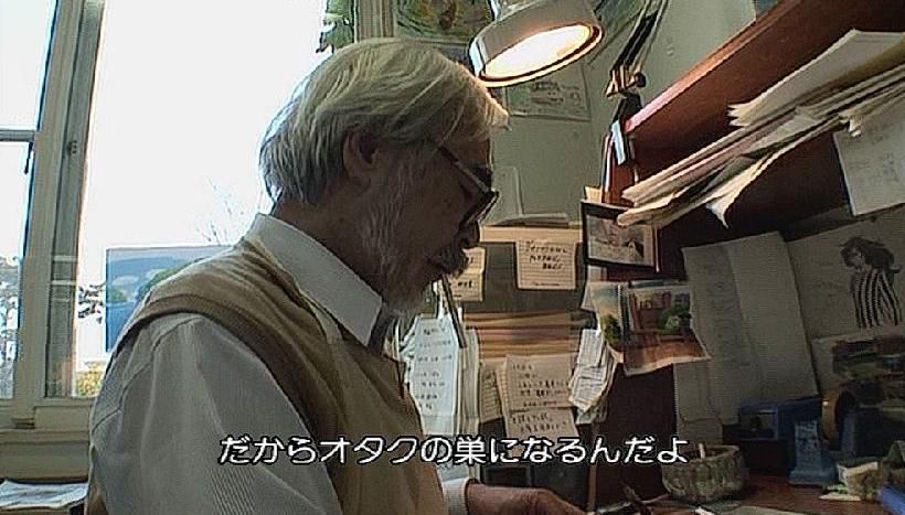 Miyazaki interviewed while sketching and smoking a cigarette