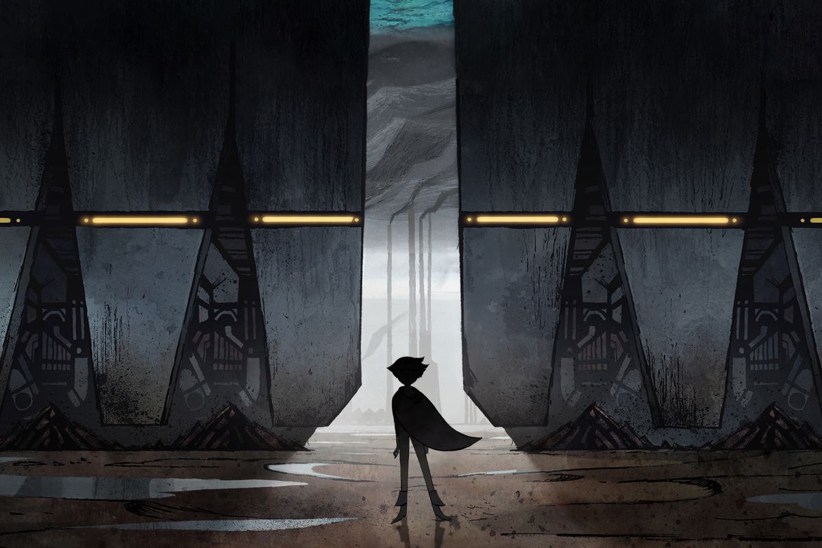 In a painted image, a caped figure stands in silhouette, in front of a gap in a huge metal edifice. Beyond the gap are what look like factories pouring smoke from tall smokestacks in a promotional image for Star Wars: Visions volume 2. 