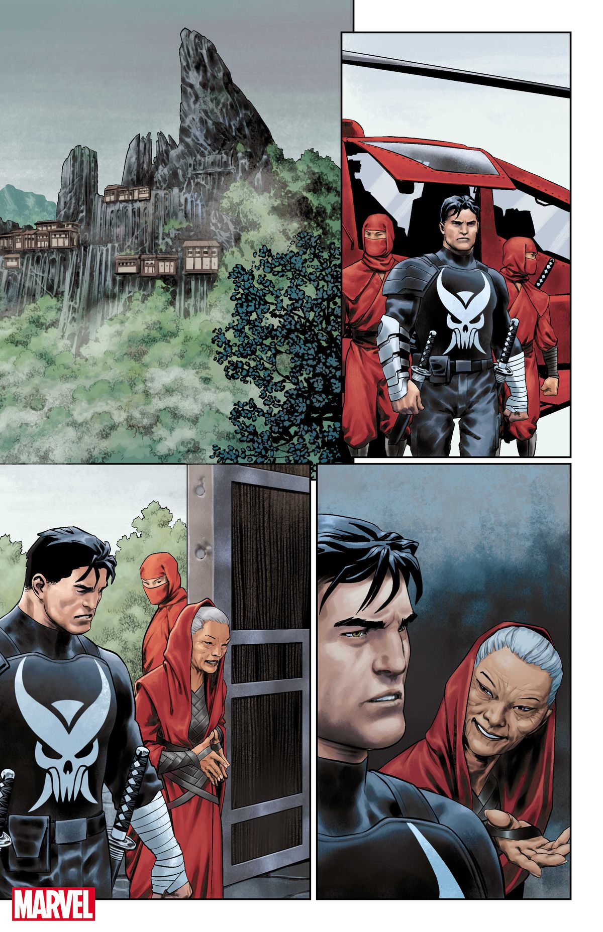 Frank Castle steps out of a red helicopter flanked by red ninjas, and greets an old woman wearing red — the skull on his costume has wicked fangs and sharp horns. Unfinished page from Punisher #1 (2022). 