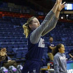 The UConn Huskies practice before their first round matchup with the Towson Tigers in the NCAA Tournament on March 21, 2019.