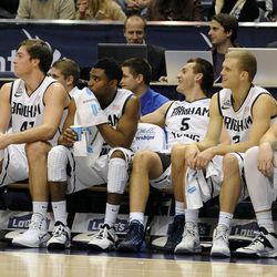 The BYU bench watches as the subs play the final minutes of a game against Prairie View A&M Panthers at the Marriott Center in Provo on Wednesday, Dec. 11, 2013.