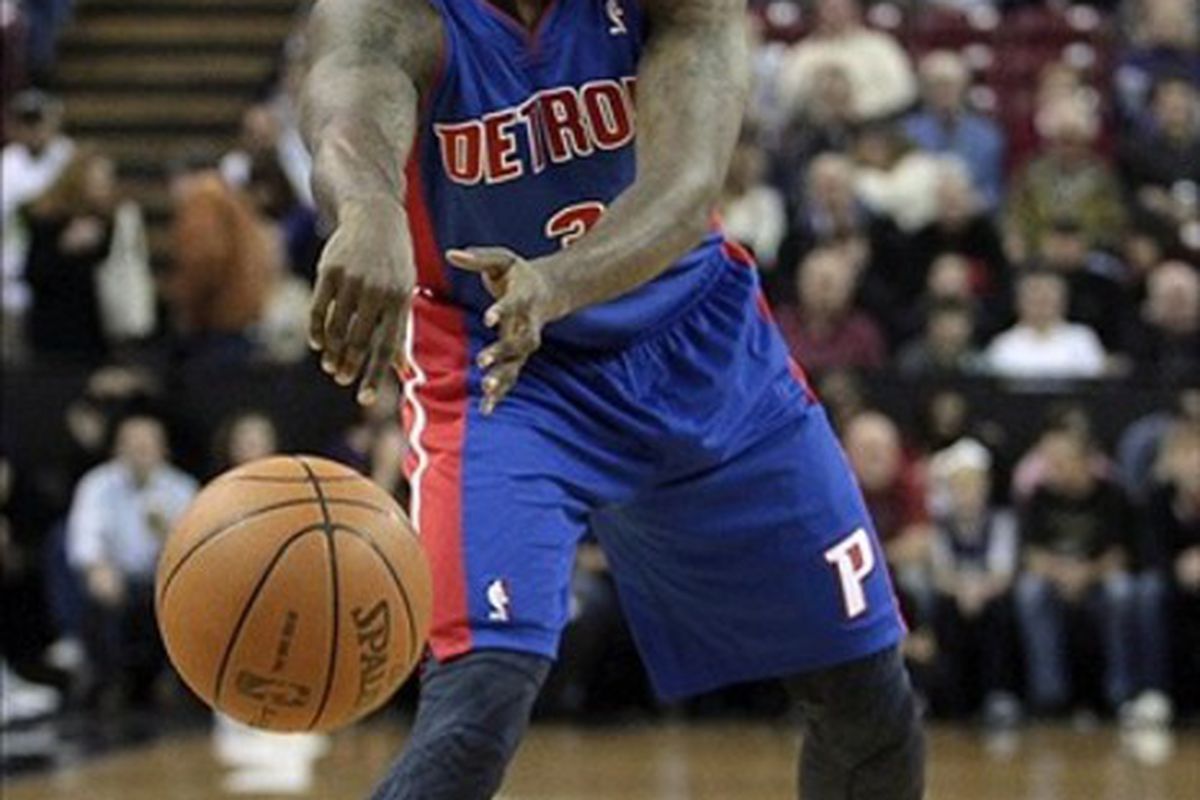 March 14, 2012; Sacramento, CA, USA; Detroit Pistons point guard Rodney Stuckey (3) passes the ball against the Sacramento Kings during the first quarter at Power Balance Pavilion. Mandatory Credit: Kelley L Cox-US PRESSWIRE