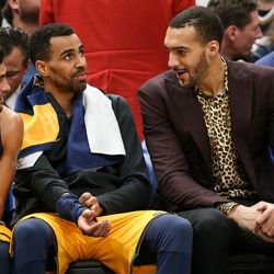 Utah Jazz guard Raul Neto (25), forward Thabo Sefolosha (22) and center Rudy Gobert (27) chat during the game against the Denver Nuggets at Vivint Smart Home Arena in Salt Lake City on Tuesday, Nov. 28, 2017.