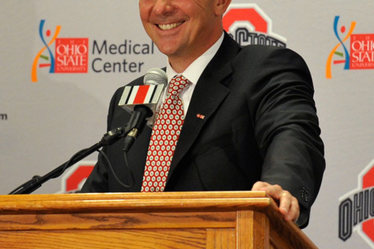 COLUMBUS, OH - NOVEMBER 28:  Urban Meyer speaks to the media after being introduced as the new head coach of Ohio State football on November 28, 2011 in Columbus, Ohio. (Photo by Jamie Sabau/Getty Images)