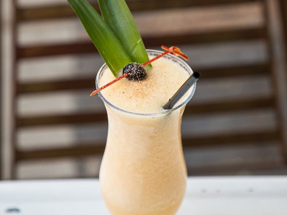 A frozen drink in a glass with aloe leaves and a Luxardo cherry.