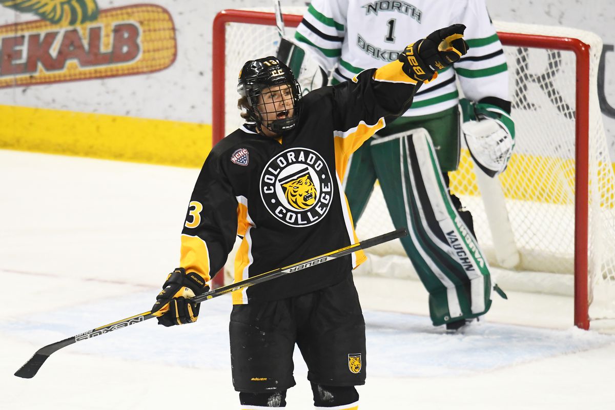 GRAND FORKS, ND - FEBRUARY 10: Colorado College Forward Nick Halloran (13) pleads his case to an official during a college hockey game between the University of North Dakota and Colorado College on February 10, 2018 at Ralph Engelstad Arena in Grand Forks, ND. North Dakota defeated Colorado College 5-1.