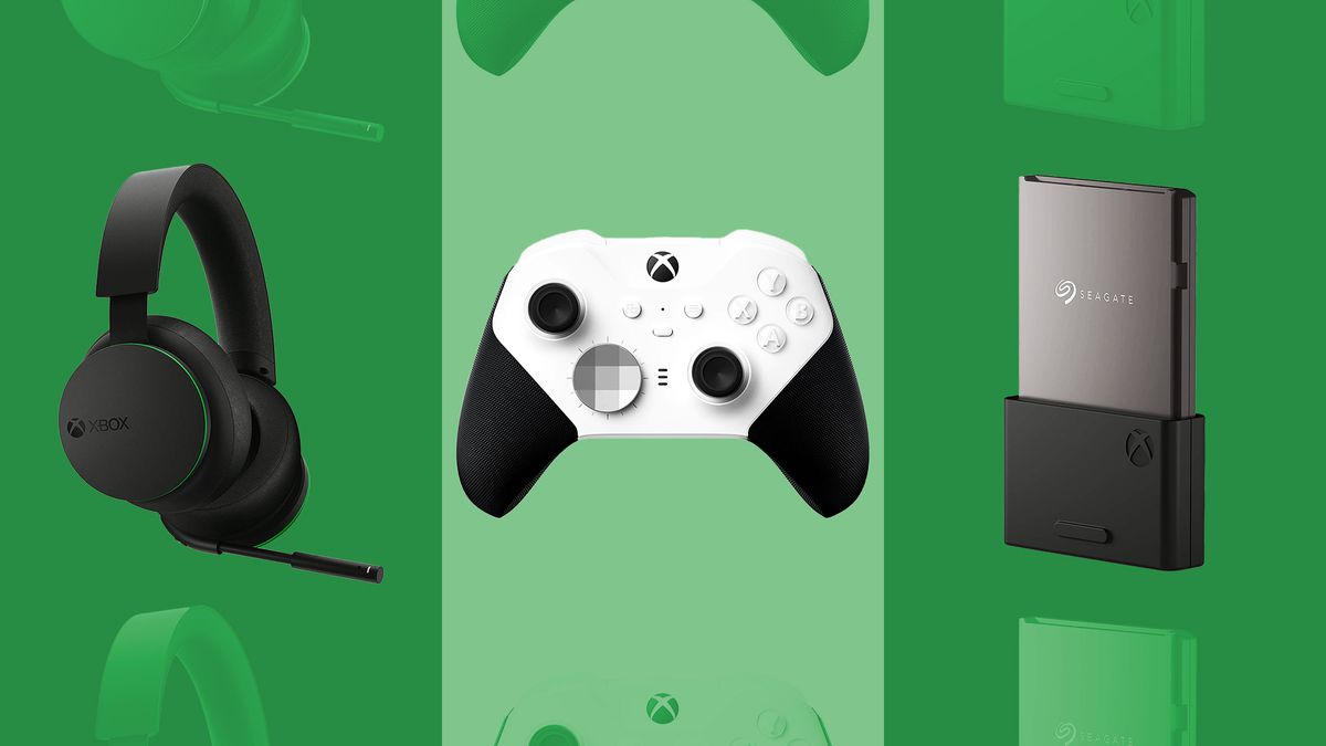 A graphic of three Xbox Series X accessories next to each other. From left to right, it’s the official Xbox wireless headset in black, the white and black Xbox Elite Series 2 Core controller, and Seagate’s Xbox Series X expansion card.