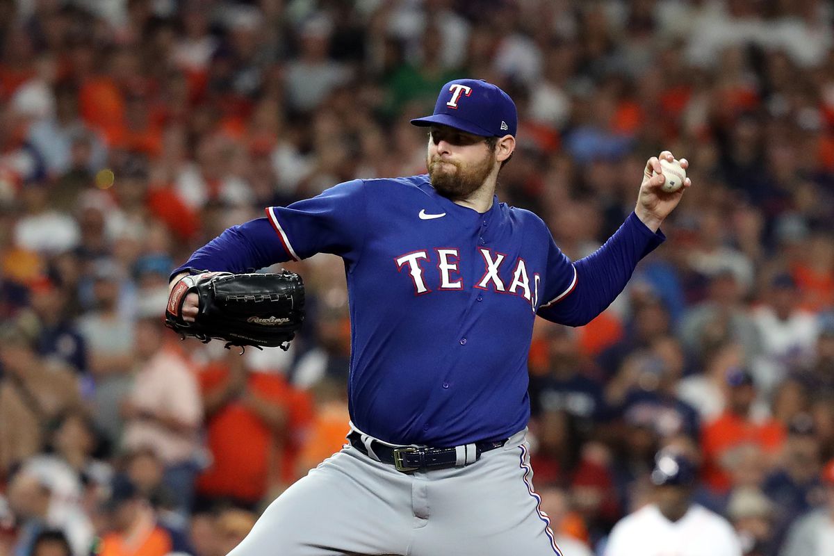 Jordan Montgomery of the Texas Rangers pitches against the Houston Astros in the first inning during Game One of the American League Championship Series at Minute Maid Park on October 15, 2023 in Houston, Texas.