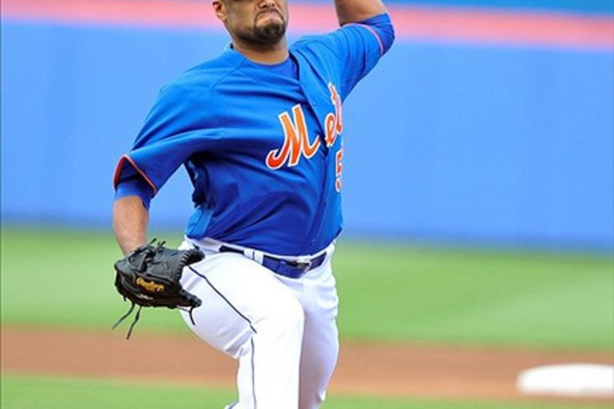March 06, 2012; Port St Lucie, FL, USA;   New York Mets starting pitcher Johan Santana (57) warms up before the spring training game against the St Louis Cardinals at Digital Domain Park. Mandatory Credit: Brad Barr-US PRESSWIRE