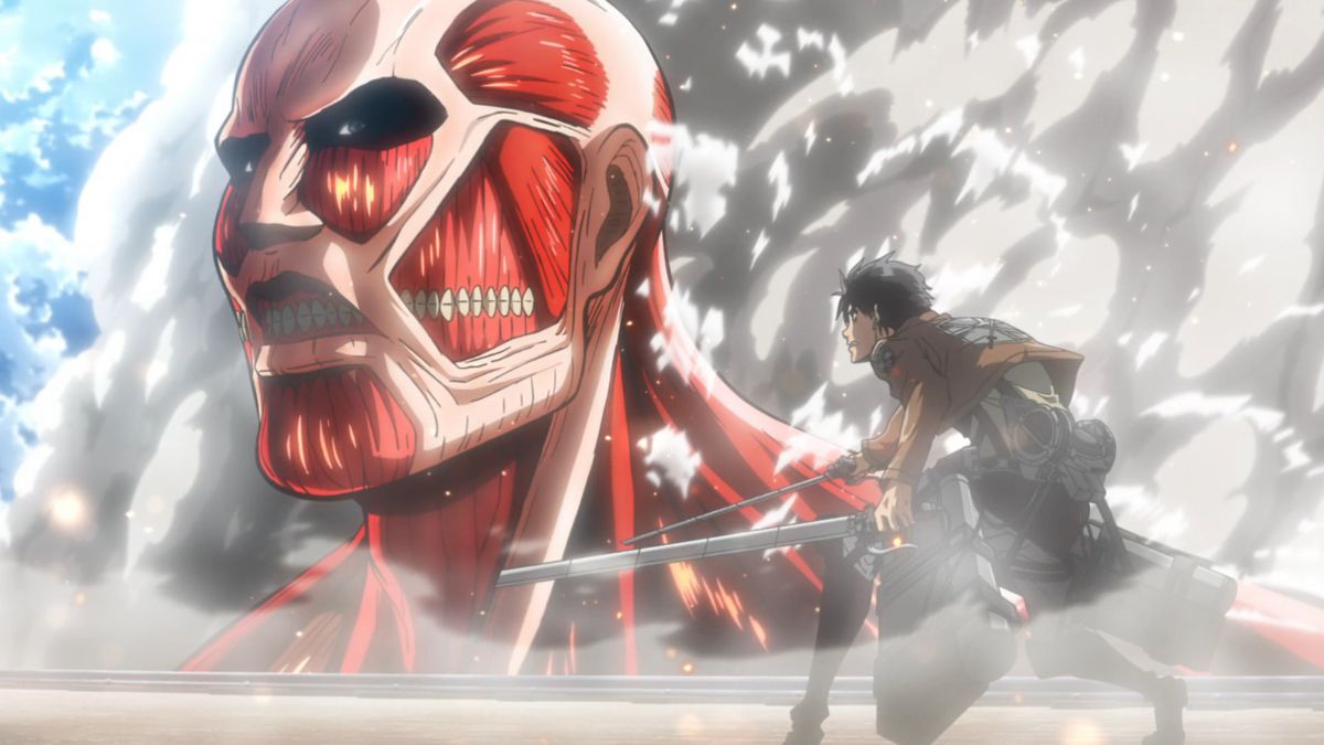 Eren Yeager, the protagonist of Attack on Titan, standing in front of the “Colossal Titan” with his swords drawn in Attack on Titan.