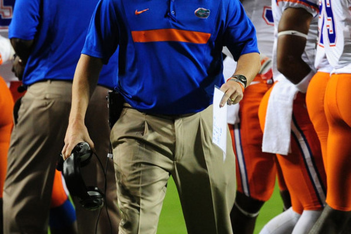 AUBURN, AL - OCTOBER 15: Head coach Will Muschamp of the Florida Gators disputes a call during the game against the Auburn Tigers at Jordan-Hare Stadium on October 15, 2011 in Auburn, Alabama. Photo by Scott Cunningham/Getty Images)