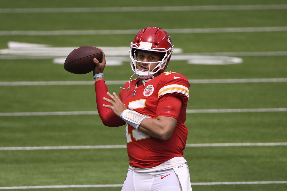 Kansas City Chiefs quarterback Patrick Mahomes before the NFL game against the Los Angeles Chargers at SoFi Stadium.