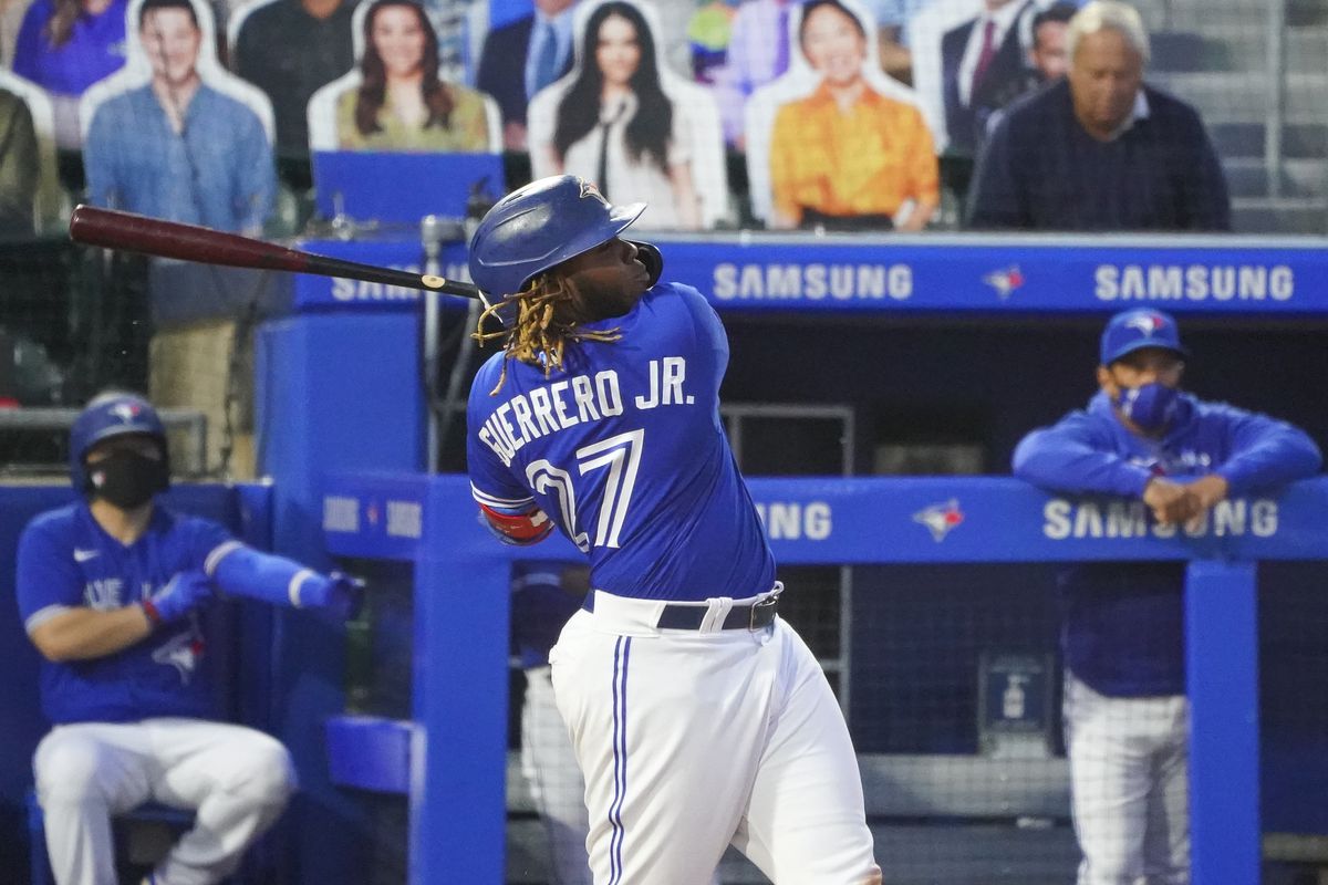Vladimir Guerrero Jr. #27 of the Toronto Blue Jays during the game against the Miami Marlins at Sahlen Field on June 1, 2021 in Buffalo, New York.