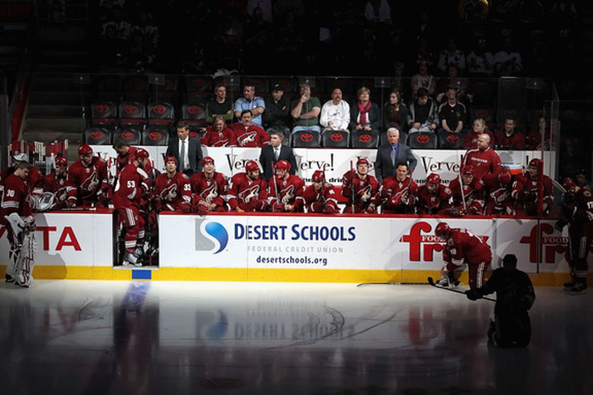 GLENDALE, AZ - APRIL 07:  The Phoenix Coyotes await the start of the NHL game against the Nashville Predators at Jobing.com Arena on April 7, 2010 in Glendale, Arizona.  (Photo by Christian Petersen/Getty Images)