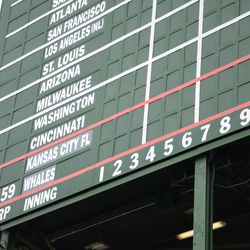 5:07 p.m. A closeup view of the center-field scoreboard final score - 