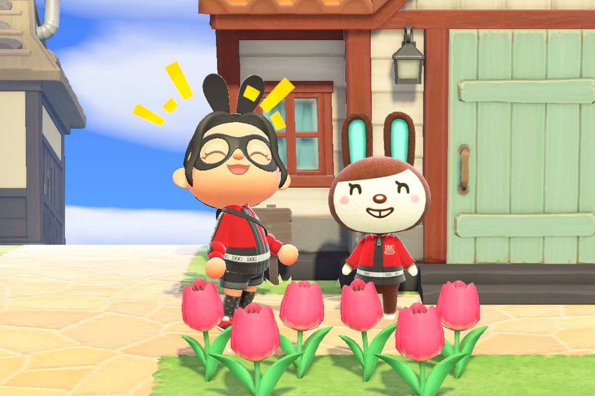 A villager stands next to Carmen, a brown and white rabbit, smiling. They’re both in matching shirts.