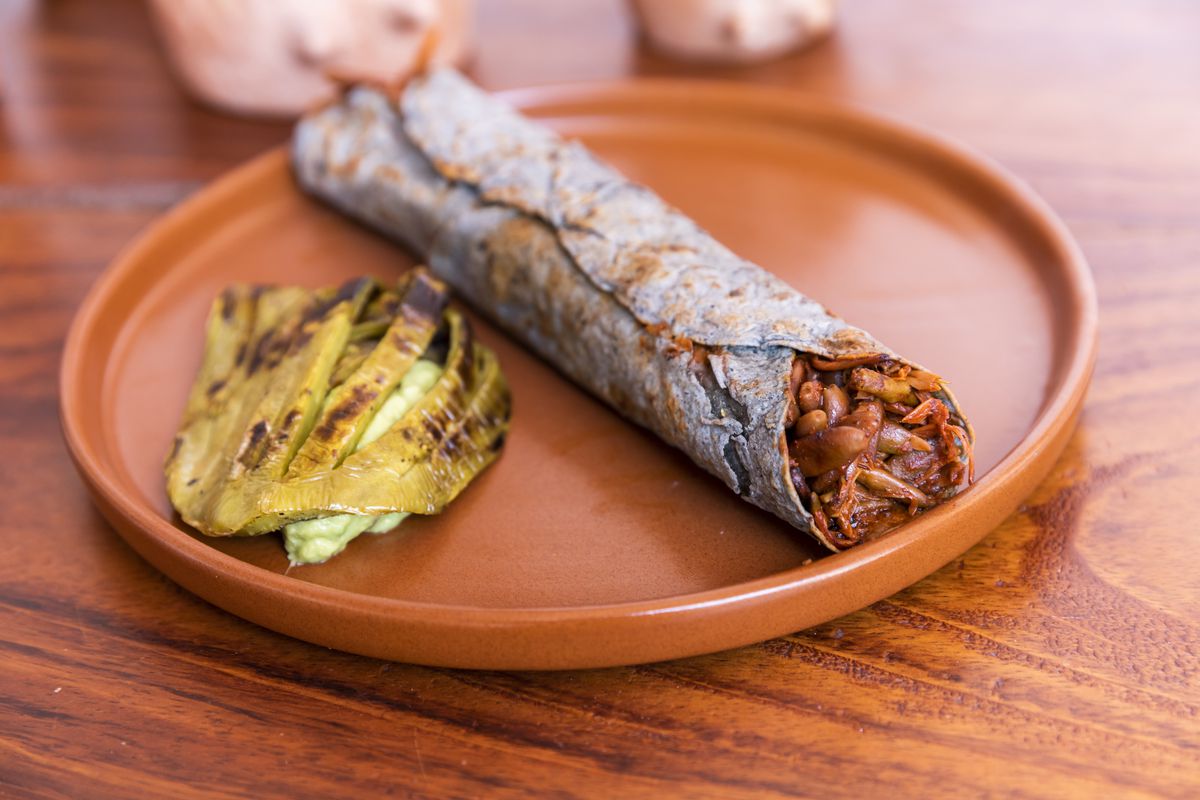 A rolled up bean and meat dish on a plate with charred cactus. 
