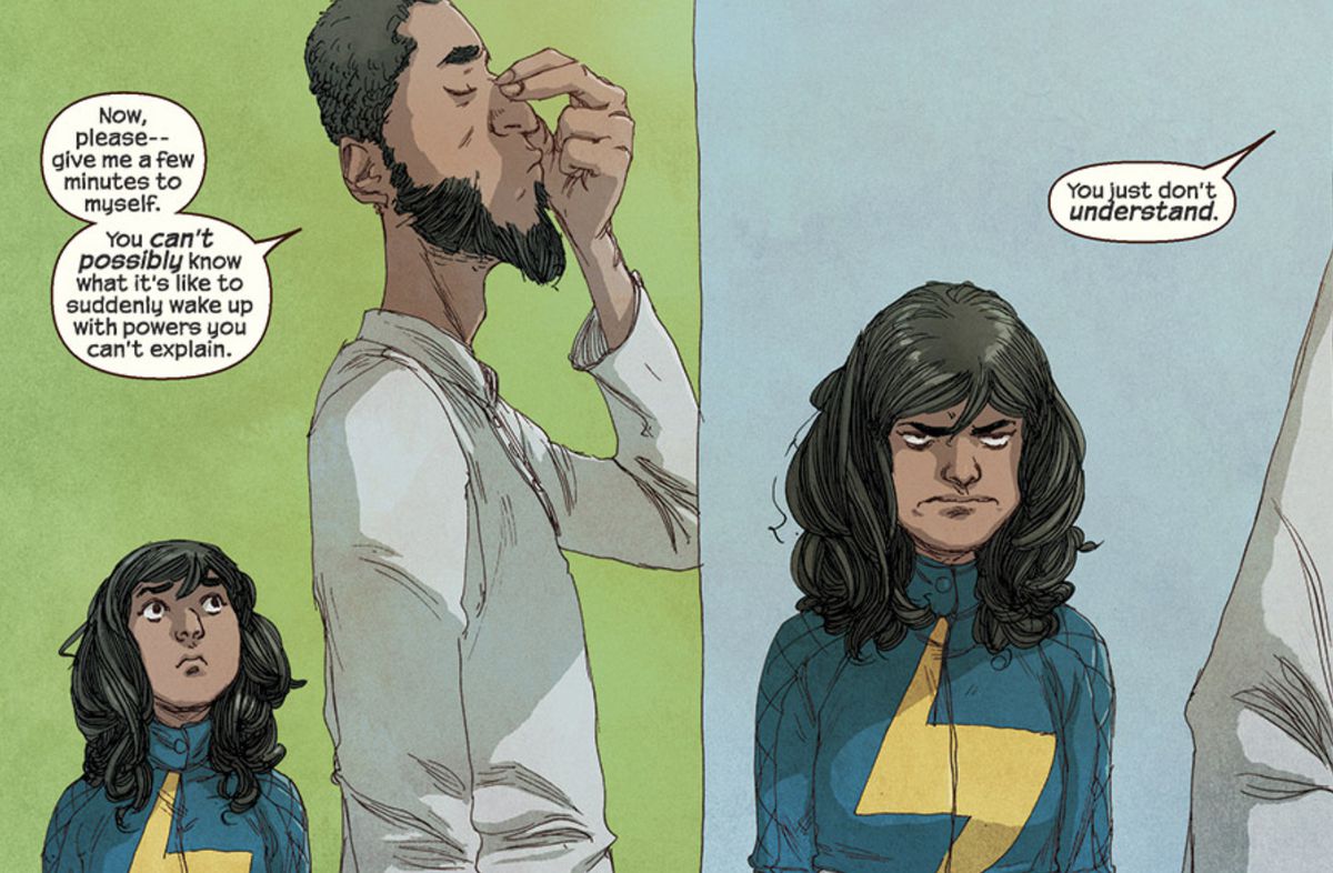 “Gime me a few minutes to myself,” Aamir says haughtily, pinching his nose. “You can’t possibly know what it’s like to suddenly wake up with powers you can’t explain.” Kamala gives him the most little-sisterly look of death possible, in Ms. Marvel #16 (2015).