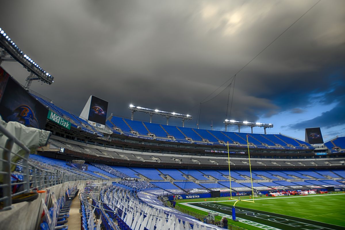 An 18 frame composite high dynamic range (HDR) image prior to the Kansas City Chiefs game versus the Baltimore Ravens as storm cloud move in on September 28, 2020 at M&amp;T Bank Stadium in Baltimore, MD.