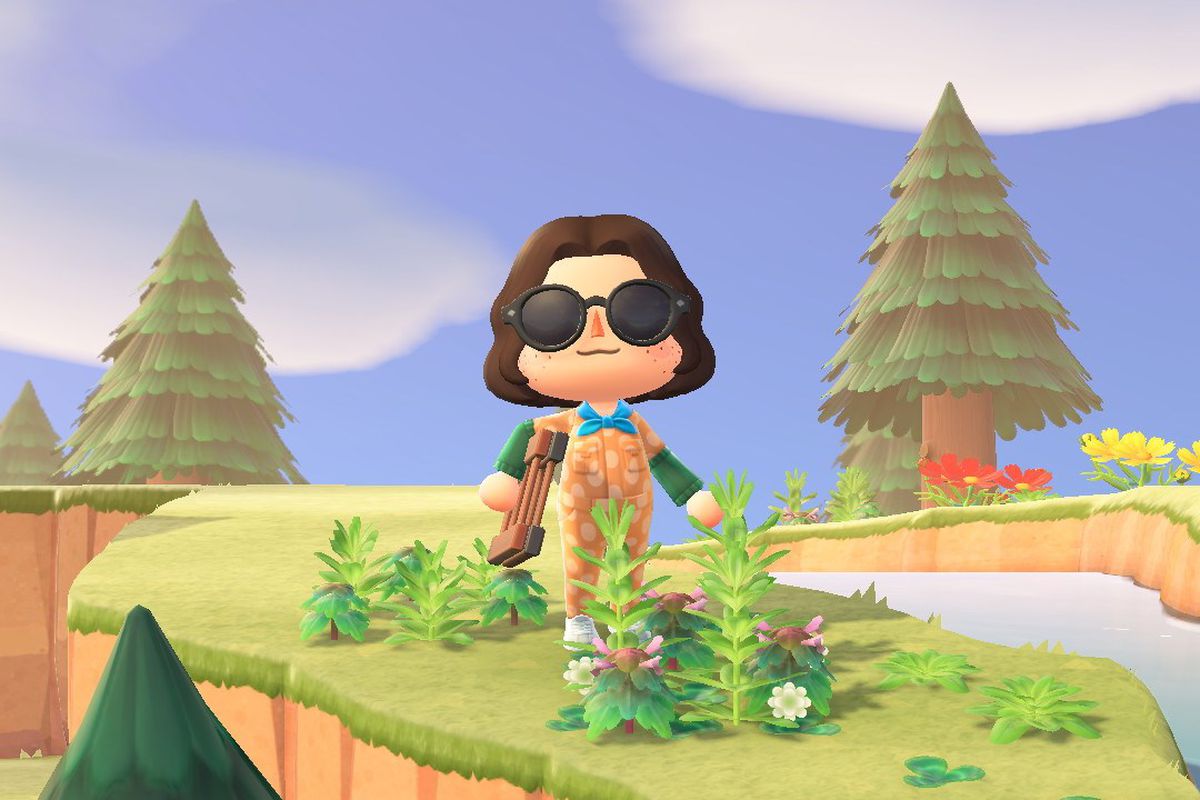 Animal Crossing human wearing sunglasses standing in front of weeds