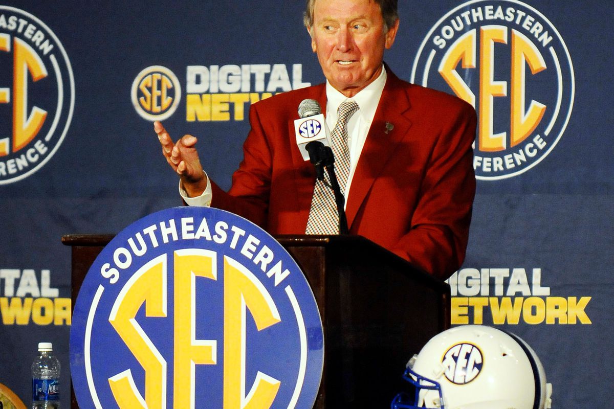 July 17, 2012; Hoover, AL, USA;  South Carolina Gamecocks head coach Steve Spurrier speaks during a press conference at the 2012 SEC media days event at the Wynfrey Hotel.   Mandatory Credit: Kelly Lambert-US PRESSWIRE