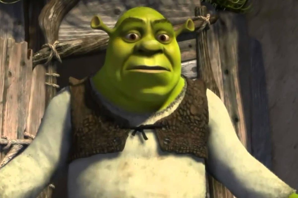 Shrek, aghast, wondering what someone is doing in his swamp.