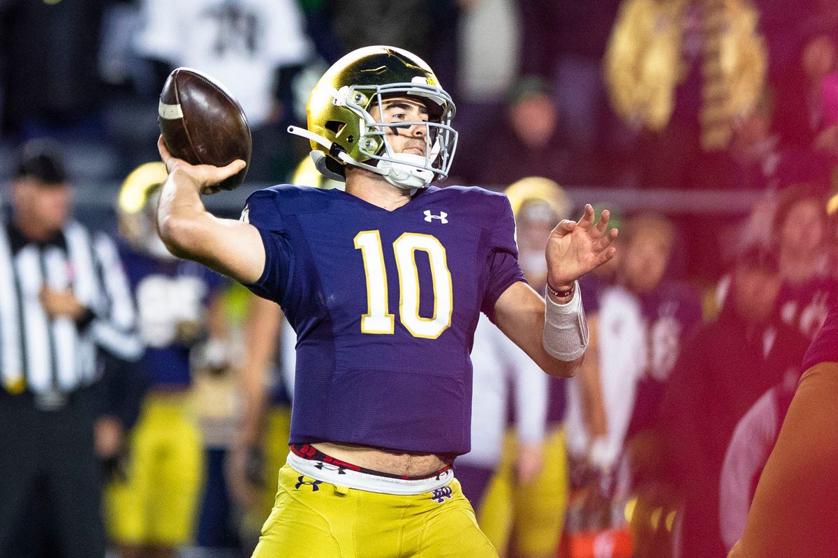 Notre Dame quarterback Drew Pyne looks to throw during the Notre Dame vs. Stanford NCAA football game Saturday, Oct. 15, 2022 at Notre Dame Stadium in South Bend.
