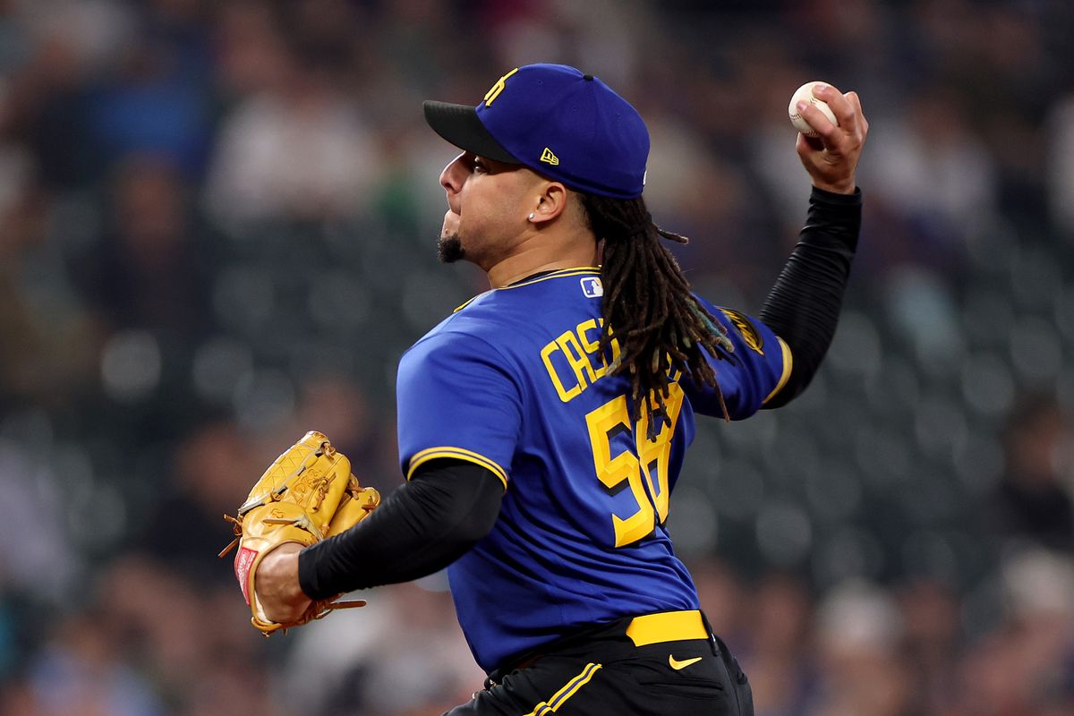 Luis Castillo of the Seattle Mariners pitches during the first inning against the Houston Astros at T-Mobile Park on May 05, 2023 in Seattle, Washington.