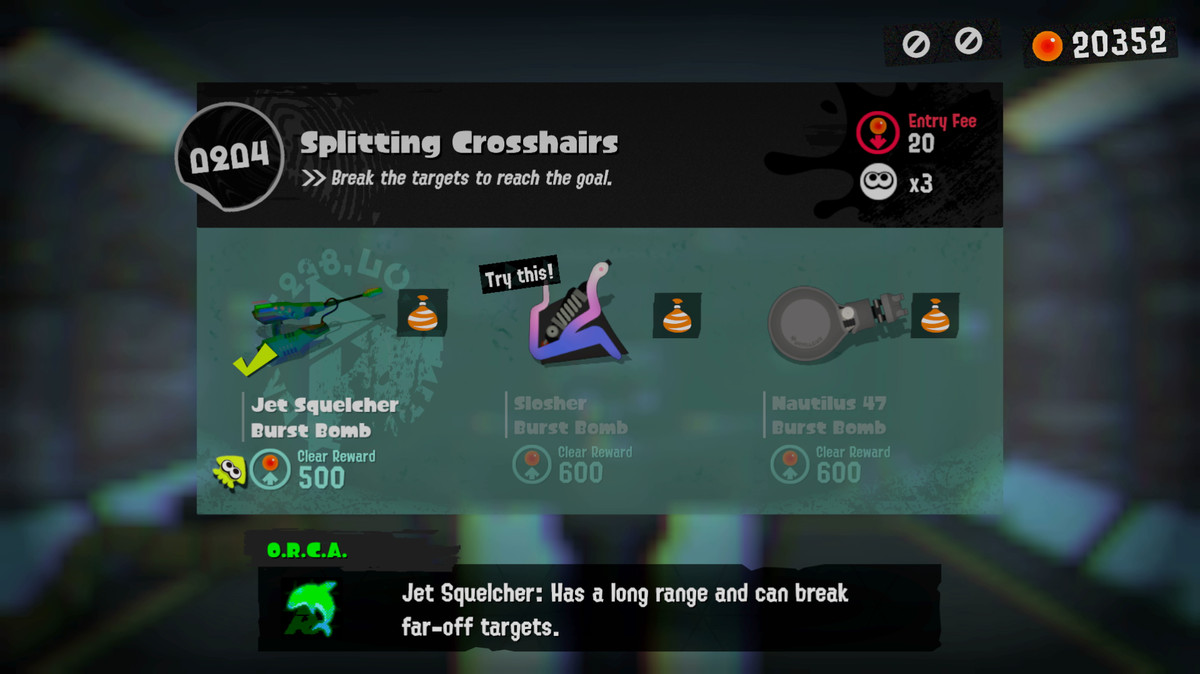 Three different Splatoon weapons to choose from: the Jet Squelcher, the Slosher, and the Nautilus 47
