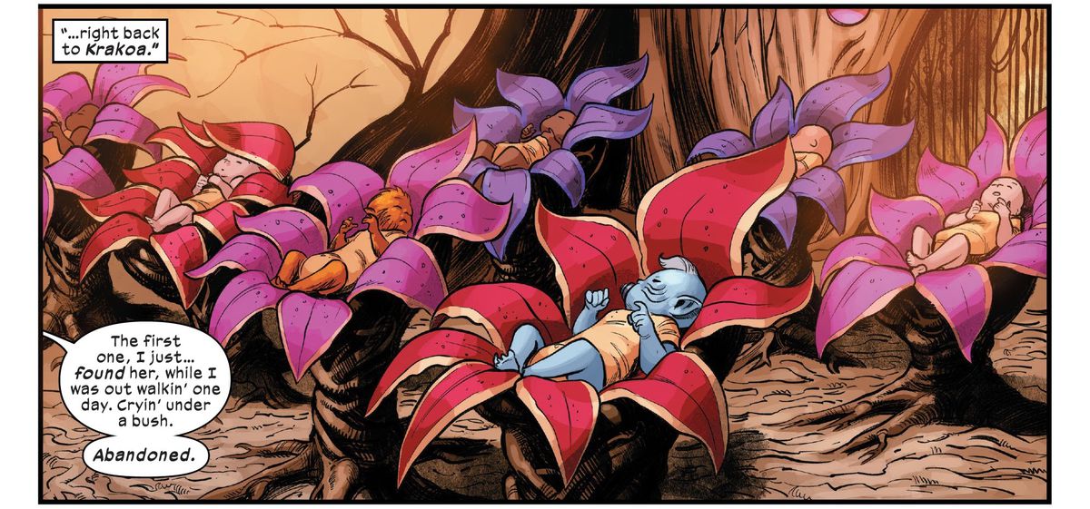 Krakoan foundlings sleep peacefully in giant flower cribs in Way of X #3 (2021). 