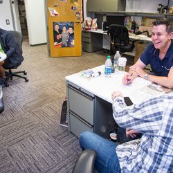 Kaplan with Co-host Pat Boyle and Producer Chris Bleck at their pre-show meeting. | James Foster/For the Sun-Times