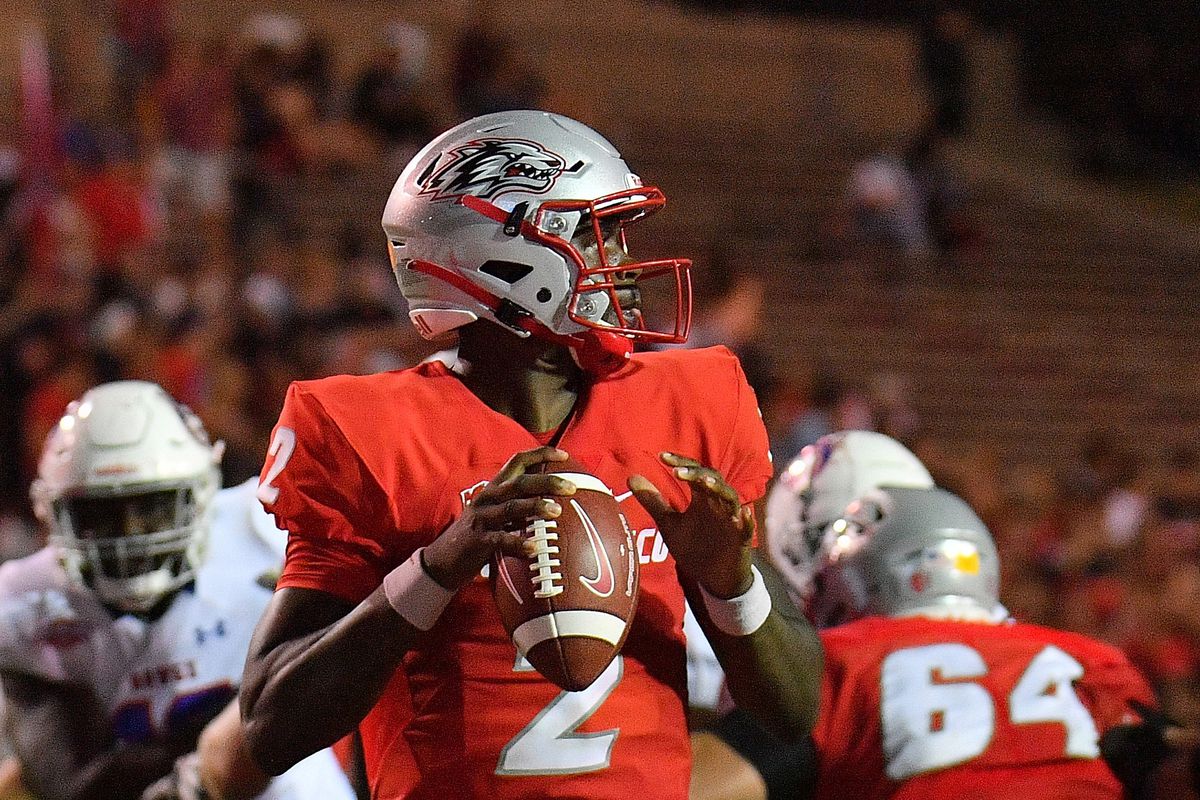 Quarterback Terry Wilson of the New Mexico Lobos looks to pass against the Houston Baptist Huskies during the second half of their game at University Stadium on September 02, 2021 in Albuquerque, New Mexico.