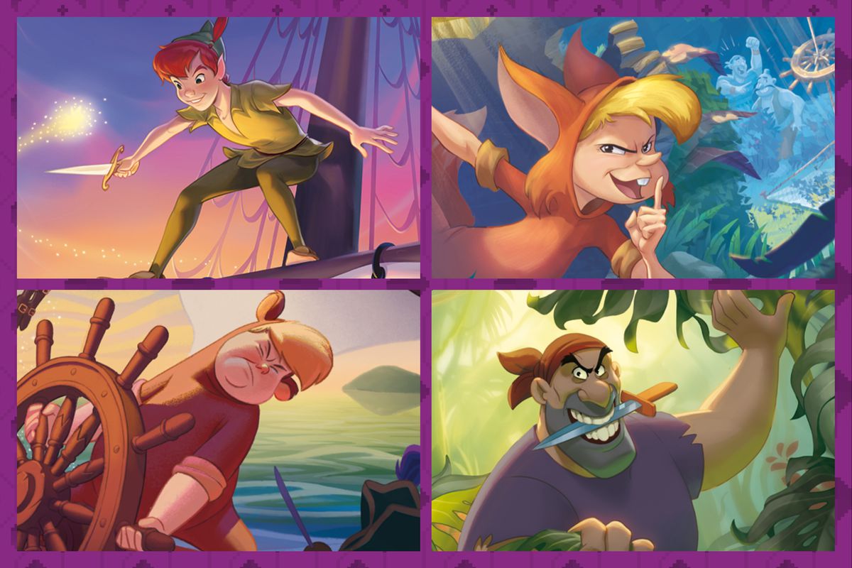 Peter Pan, Slightly, Cubby, and Starkey appear in new art for Disney Lorcana. Starkey and Slightly are inland, while the other two are on Hook’s ship.