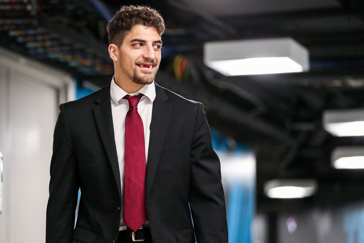 Mario Ferraro #38 of the San Jose Sharks arrives at the arena before the game against the Edmonton Oilers at SAP Center on February 14, 2022 in San Jose, California.