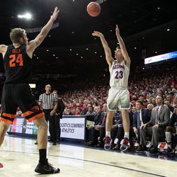 Arizona guard Alex Barcello (23) takes a clutch 3-pointer late in the second half of the Arizona-Oregon State game in McKale Center on January 19 in Tucson, Ariz. Barcello finished with six points.