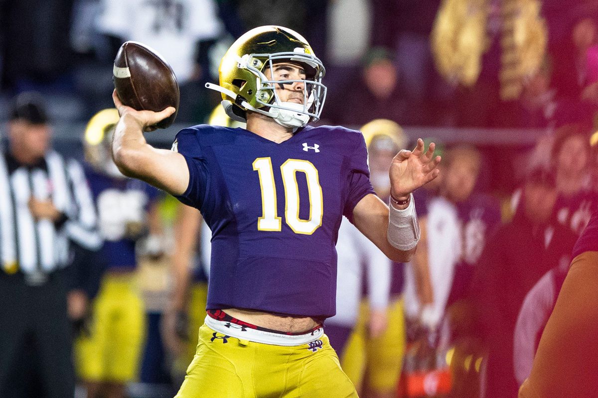 Notre Dame quarterback Drew Pyne looks to throw during the Notre Dame vs. Stanford NCAA football game Saturday, Oct. 15, 2022 at Notre Dame Stadium in South Bend.