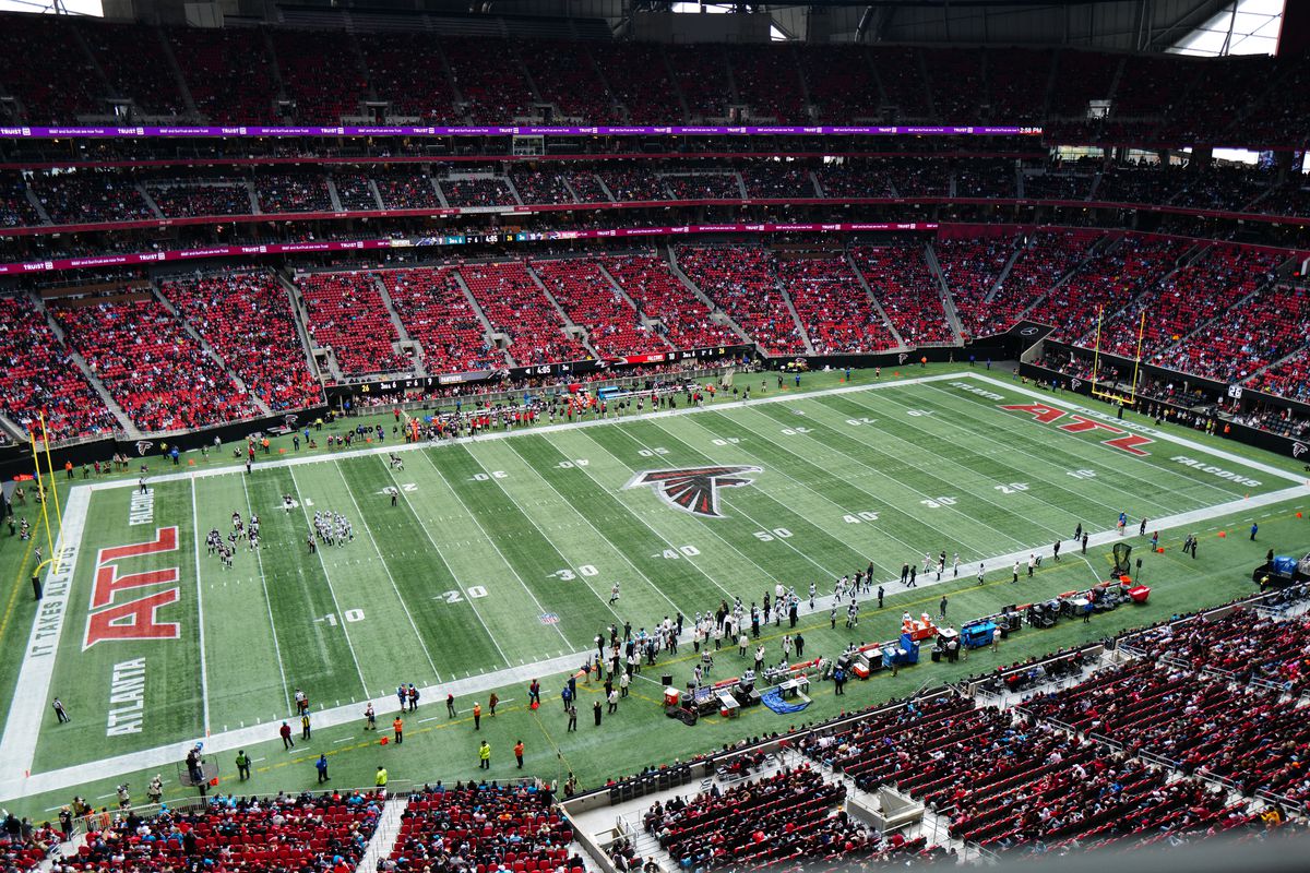 A general view of the game between the Atlanta Falcons and the Carolina Panthers at Mercedes-Benz Stadium on October 31, 2021 in Atlanta, Georgia.