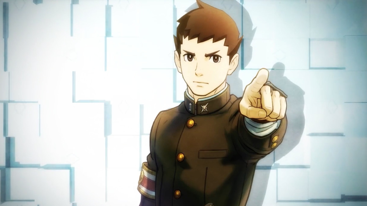 Ryunosuke Naruhodo, protagonist of The Great Ace Attorney Chronicles, points at someone off-screen
