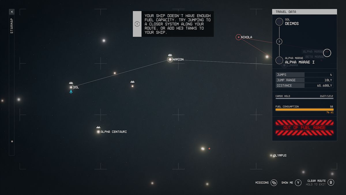 Starfield Starmap with an “Out of Fuel Range” warning.