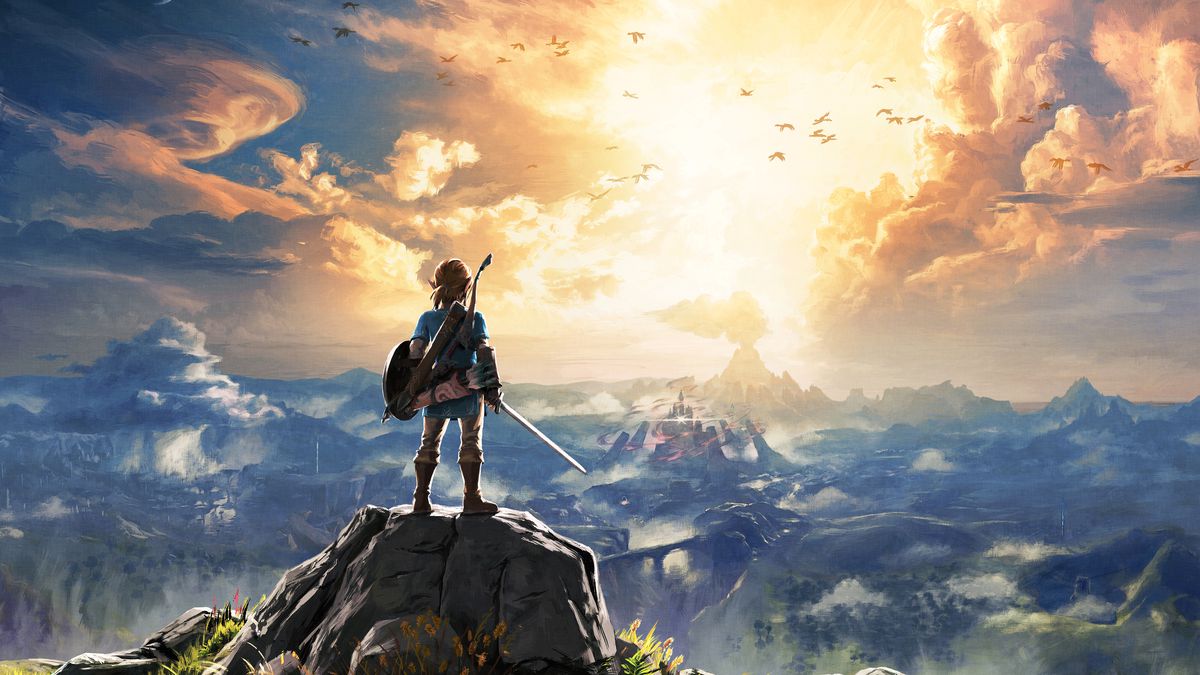 Link stands on a rock and surveys the sunrise over Hyrule in Zelda: Breath of the Wild