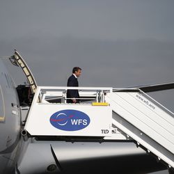 French President Emmanuel Macron disembarks from an Airbus A330 MRTT to attend the 53rd International Paris Air Show at Le Bourget Airport near Paris, France, Monday June 17, 2019. The world's aviation elite are gathering at the Paris Air Show with safety concerns on many minds after two crashes of the popular Boeing 737 Max. (Benoit Tessier/Pool via AP)