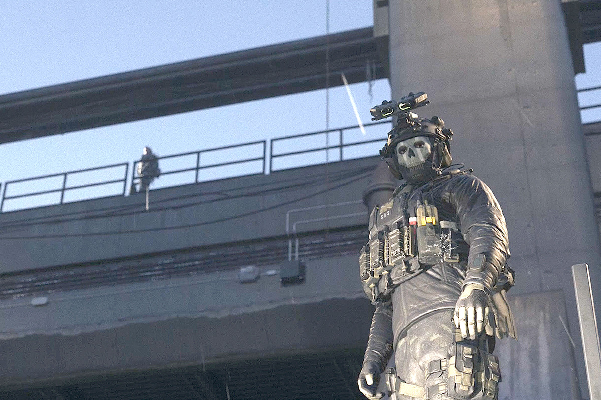Call of Duty: Modern Warfare 3 operator Ghost standing at the top of Gora Dam.