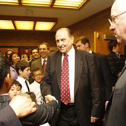 President Thomas S. Monson visits with members after speaking at a sacrament meeting for the Etobicoke and Churchville YSA wards, Mississaugua Ontario Stake, on Sunday, June 26.

Sunday, June, 26, 2011. Photo by Gerry Avant
