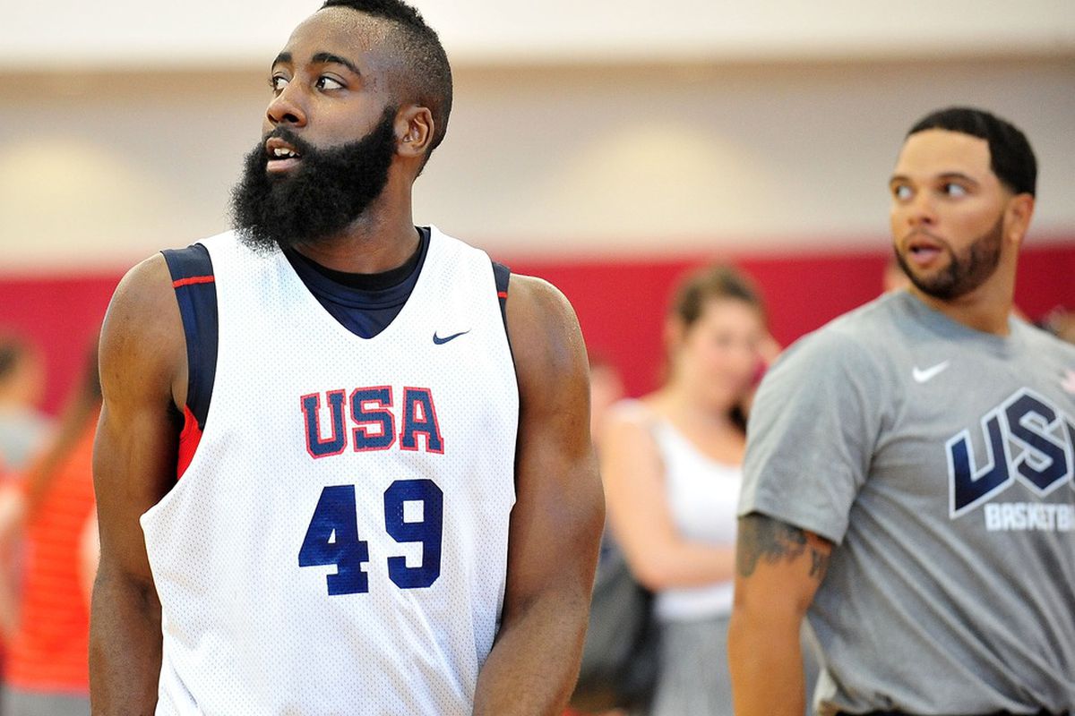 July 6, 2012; Las Vegas, NV, USA; Team USA guard James Harden (left) and guard Deron Williams during practice at the UNLV Mendenhall Center. Mandatory Credit: Gary A. Vasquez-US PRESSWIRE