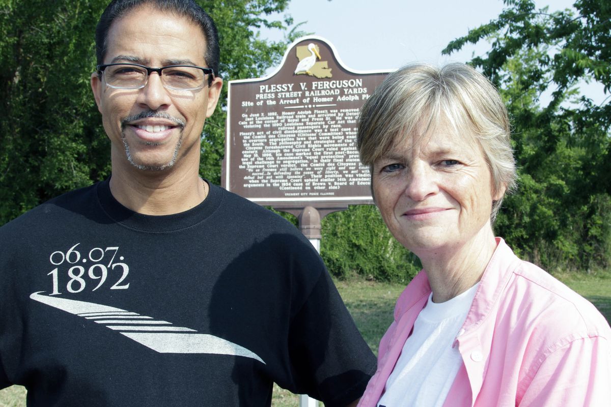 Keith Plessy and Phoebe Ferguson, descendants of the principals in the Plessy V. Ferguson court case, pose for a photograph in front of a historical marker in New Orleans, on Tuesday, June 7, 2011. Homer Plessy, the namesake of the U.S. Supreme Court’s 1896 “separate but equal” ruling, is being considered for a posthumous pardon. The Creole man of color died with a conviction still on his record for refusing to leave a whites-only train car in New Orleans in 1892. 